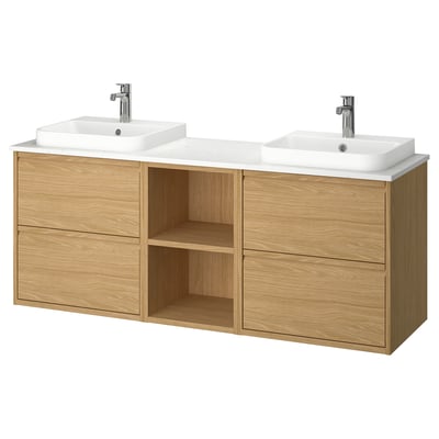 Modern dual vanity, oak, 2 sinks, wall-mounted, open & drawer storage.