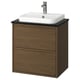 A modern bathroom vanity, the ÄNGSJÖN in dark wood with a white square sink, minimalist handles, and a sleek design.