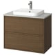 Modern bathroom vanity, light brown wood, white basin, wall-mounted, minimalist design.
