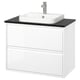 Modern white bathroom cabinet with black countertop and square sink. Wall-mounted with two drawers. High gloss finish and minimalist design.