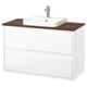Modern white bathroom vanity with wooden countertop, rectangular basin, minimal handles, wall-mounted design.