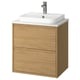 Modern oak bathroom cabinet with white marble countertop and basin, wall-mounted.