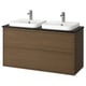 Double washing unit, oak, square basins, chrome taps. Modern, minimalist, wall-mounted design.