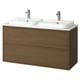Modern dual sink wooden vanity. Brown oak effect with chrome faucets.
