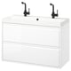 Modern white bathroom vanity, wall-mounted, two large drawers, sleek marble sink, matte black faucets.