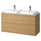 Double oak sink vanity, modern minimalist design, two white basins.