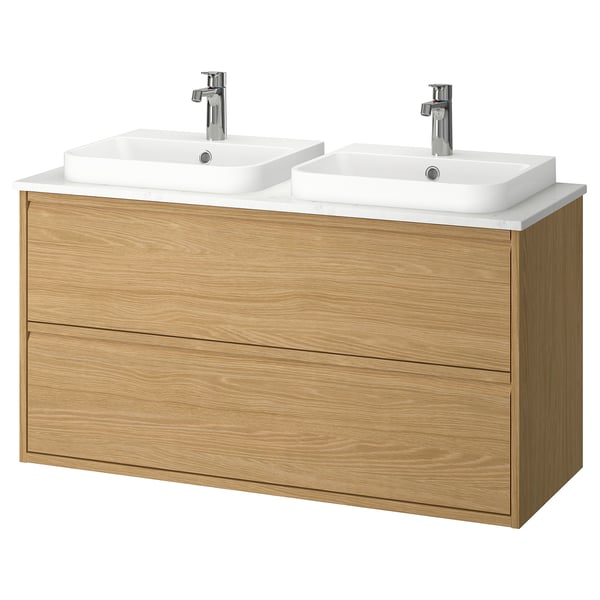 An ÄNGSJÖN bathroom sink unit in an oak finish with two white basins and chrome faucets.