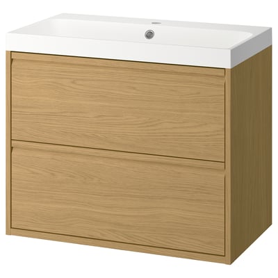 Modern bathroom vanity, oak finish, wall-mounted, two drawers, white sink, sleek design.