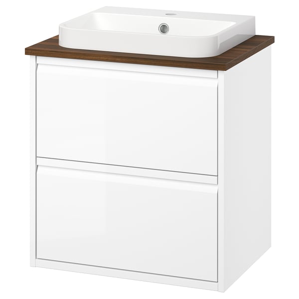Modern white bathroom vanity with wooden countertop, square ceramic sink, and two drawers.