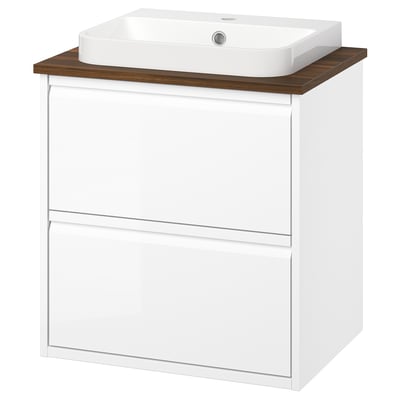 Modern white bathroom vanity with wooden countertop, square ceramic sink, and two drawers.