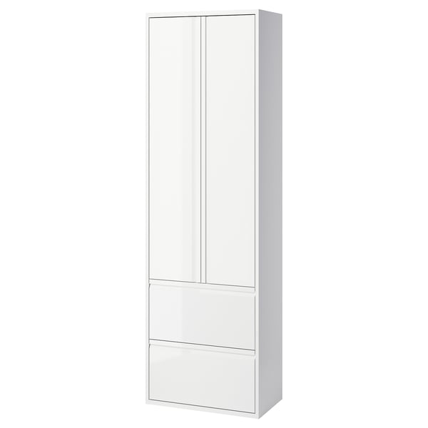 A white ÄNGSJÖN high cabinet with drawers and doors for bathroom storage. It has a sleek, modern design with integrated handles and a gloss finish.