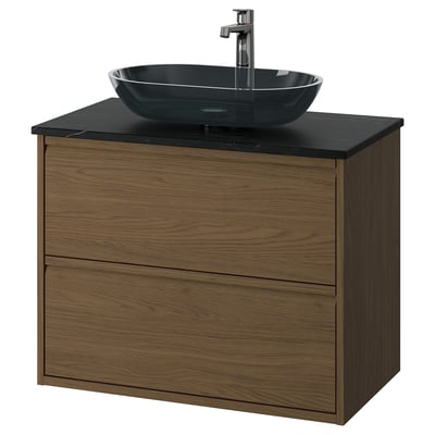 Modern wooden brown vanity with glass sink, wall-mounted, minimalist style.
