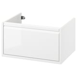 ÄNGSJÖN white glossy bathroom cabinet with integrated handles and drawer.