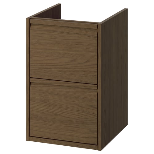 ÄNGSJÖN bathroom cabinet: brown oak wood grain, wall-mounted with drawers, modern minimalist design.
