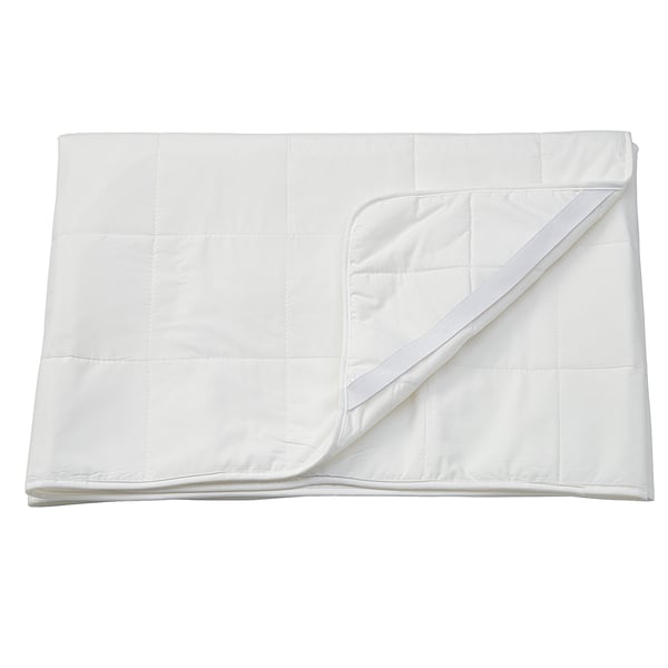 A white ÄNGSKORN mattress protector. Made of lyocell and cotton, it has a quilted design with elastic straps for securing it in place.