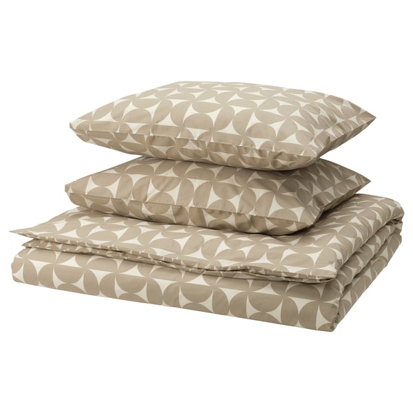 ÄNGSNEJLIKA bed linen set in beige-gray, featuring a geometric pattern, neatly folded with matching pillowcases.