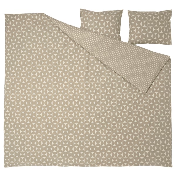 Modern bedding set, grey-beige. Geometric print, cotton/viscose, includes duvet & 2 pillow covers.