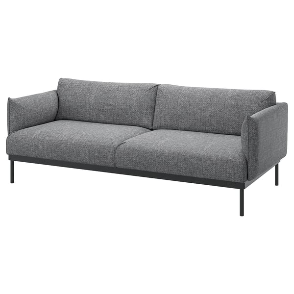 Modern grey fabric sofa, sleek black metal legs, clean lines.