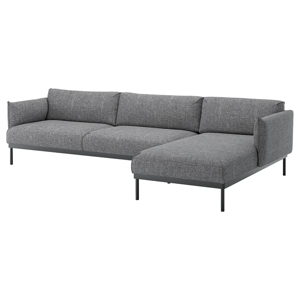 Modern grey fabric l-shaped sofa, clean lines, metal legs, supports 10-year guarantee.