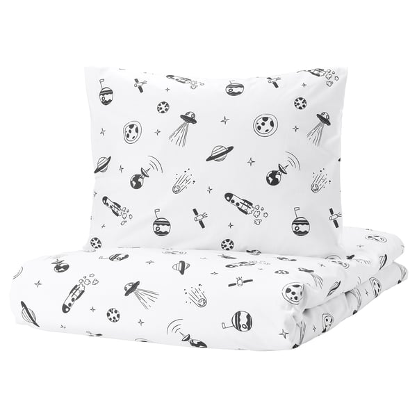 AFTONSPARV: white duvet & pillow with black space illustrations. Cotton & viscose. Square, soft, monochrome, fun.