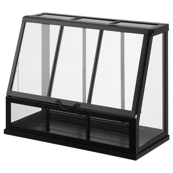 ÅKERBÄR black greenhouse, sleek metal & glass design, suitable for plants or display.