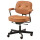 Brown leather office chair, black metal base, armrests, adjustable height & back support.