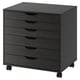 Black ALEX storage unit with wheels, six drawers, wooden finish.