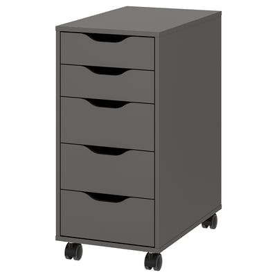 Dark grey ALEX rolling storage unit with five drawers and smooth edges.