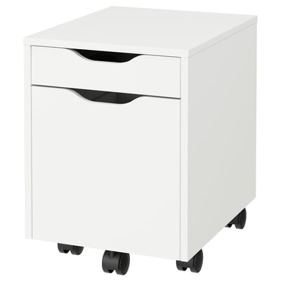A white ALEX rolling filing cabinet with two drawers. Modern design with black handles and castors. Ideal for offices or desks.