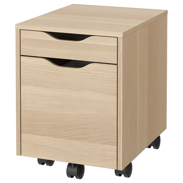 ALEX light brown wooden mobile filing cabinet with two drawers.