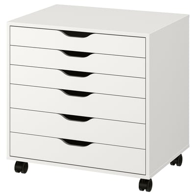 White ALEX cabinet with six drawers on wheels, sleek and modern design, finished on all sides.
