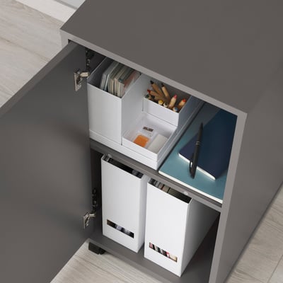 Open storage unit with shelves, castors, and adjustable interior.