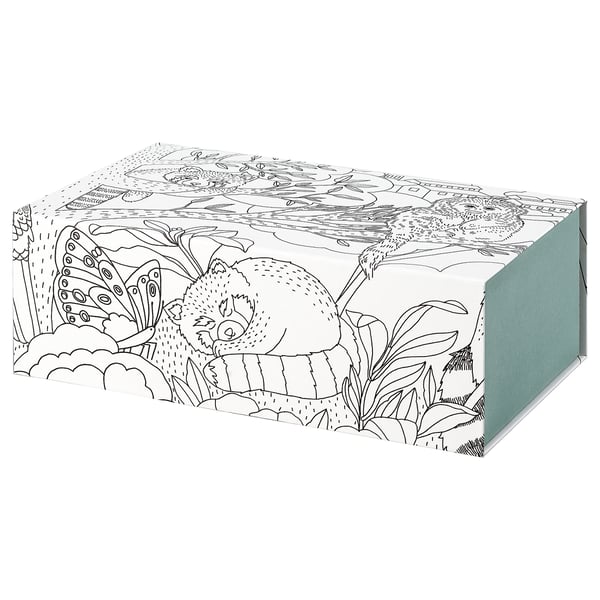 ALPTALL box: white with blue side, hexagonal shape, owl and flowers line drawing design.