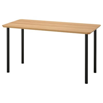 A rectangular ANFALLARE desk with a bamboo top and black metal legs. The design is simple and functional, suitable for small spaces.