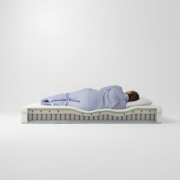 Model sleeps on ÅNNELAND mattress, light blue, hybrid foam and pocket springs, white and grey design.