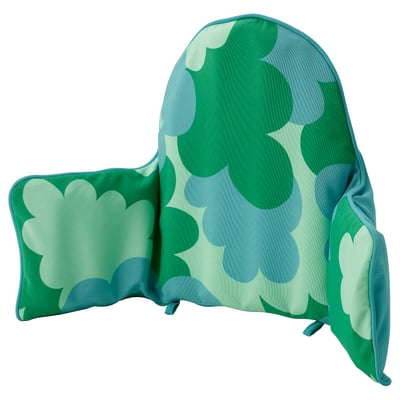 Green patterned baby highchair cushion with leaf design, inflatable, washable, and supportive.