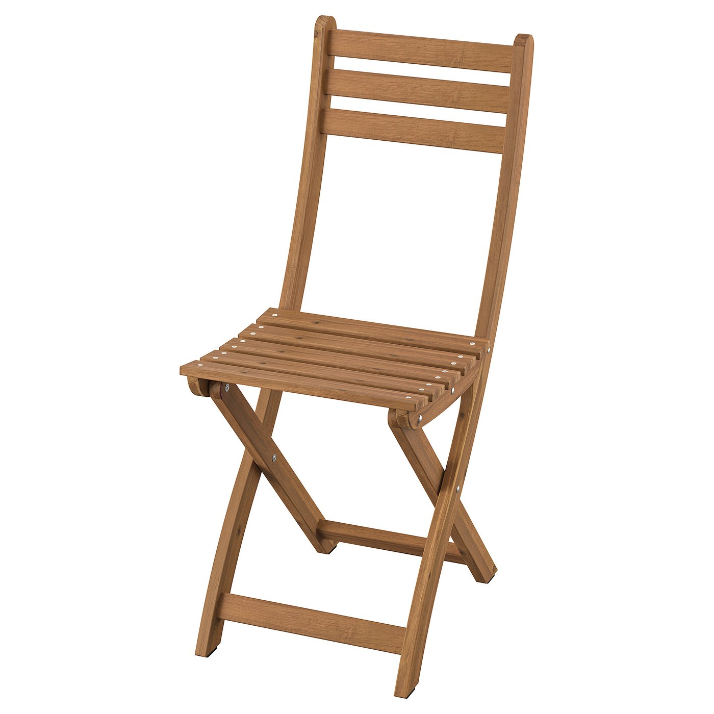 A folded wooden chair named ASKHOLMEN in light brown. Its made of durable acacia, suitable for outdoor use, and comes pre-assembled.
