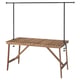 Wooden outdoor table with metal rod, extra support legs.