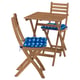 An ASKHOLMEN outdoor set with a natural wood table and two chairs, each with blue patterned cushions.