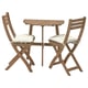 An ASKHOLMEN outdoor furniture set featuring a square table and two folding chairs with beige cushions, all made of acacia wood.