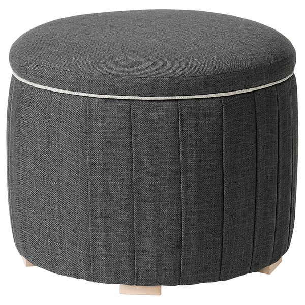 ÅTERLÖGA stool: grey, circular, pleated fabric, wooden base, padded lid, multi-use.