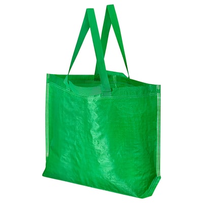 A bright green, reusable plastic shopping bag with strong handles, standing upright.