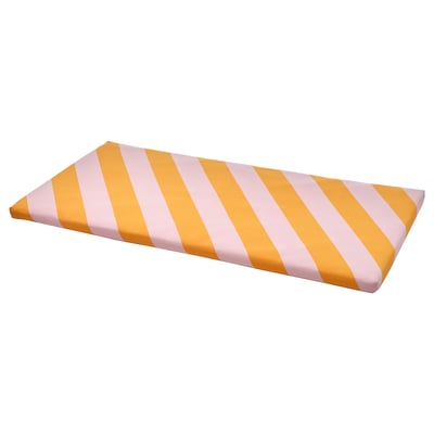 A rectangular cushion with pink and orange diagonal stripes. It has a zippered cover and is made of recycled polyester and cotton.