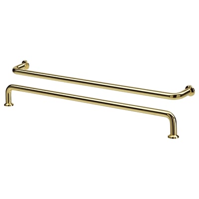 Gold-colored, modern, elongated l-shaped handles set of two, designed for cabinetry or doors, polished brass finish.