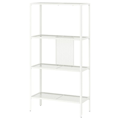 BAGGEBO bookcase, white, 3-tier metal mesh shelves, modern design.