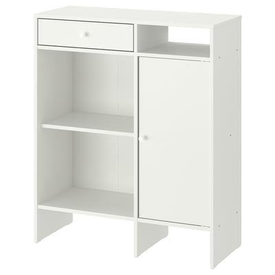White BAGGEBO sideboard with open/closed compartments, modern design for organising items.