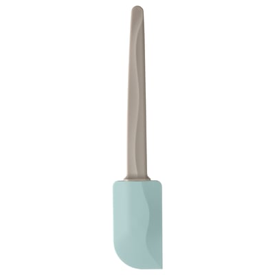 Light blue spatula with grey handle, silicone tip, smooth design, kitchen tool.