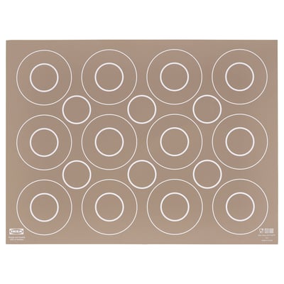 Brown ikea BAKTRADITION silicone baking mat with large white circle cutouts for even baking.