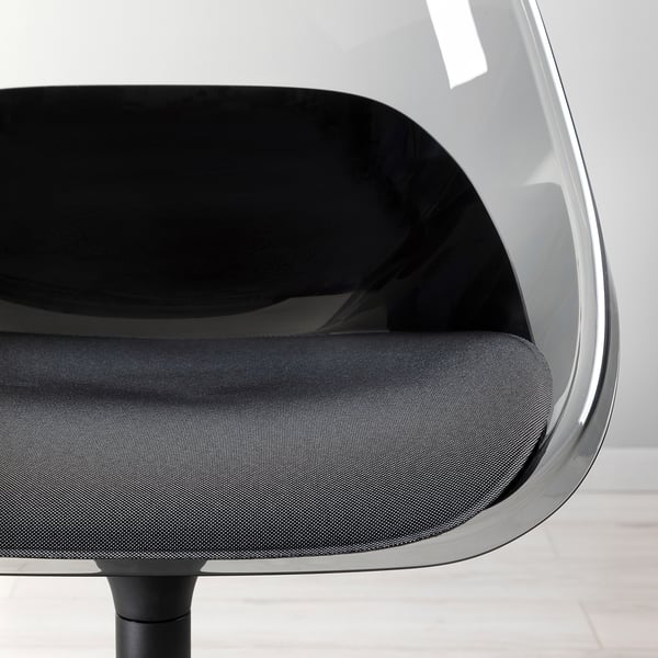 Close-up of a modern swivel chair with sleek black seat and backrest, showcasing comfortable, ergonomic design.