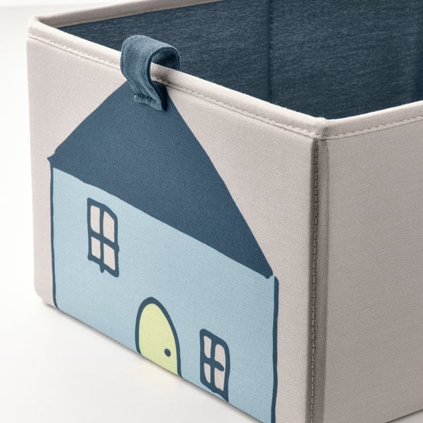 Fabric storage bin with house design, durable, recycled material, sturdy handles.
